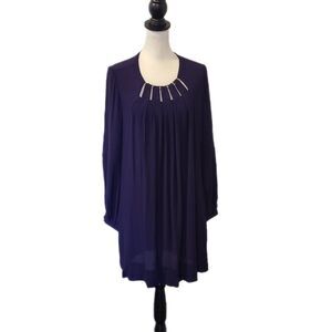Diane Von Furstenberg | Midnight Purple & Silver Accent L/S Shift Dress, Size 8